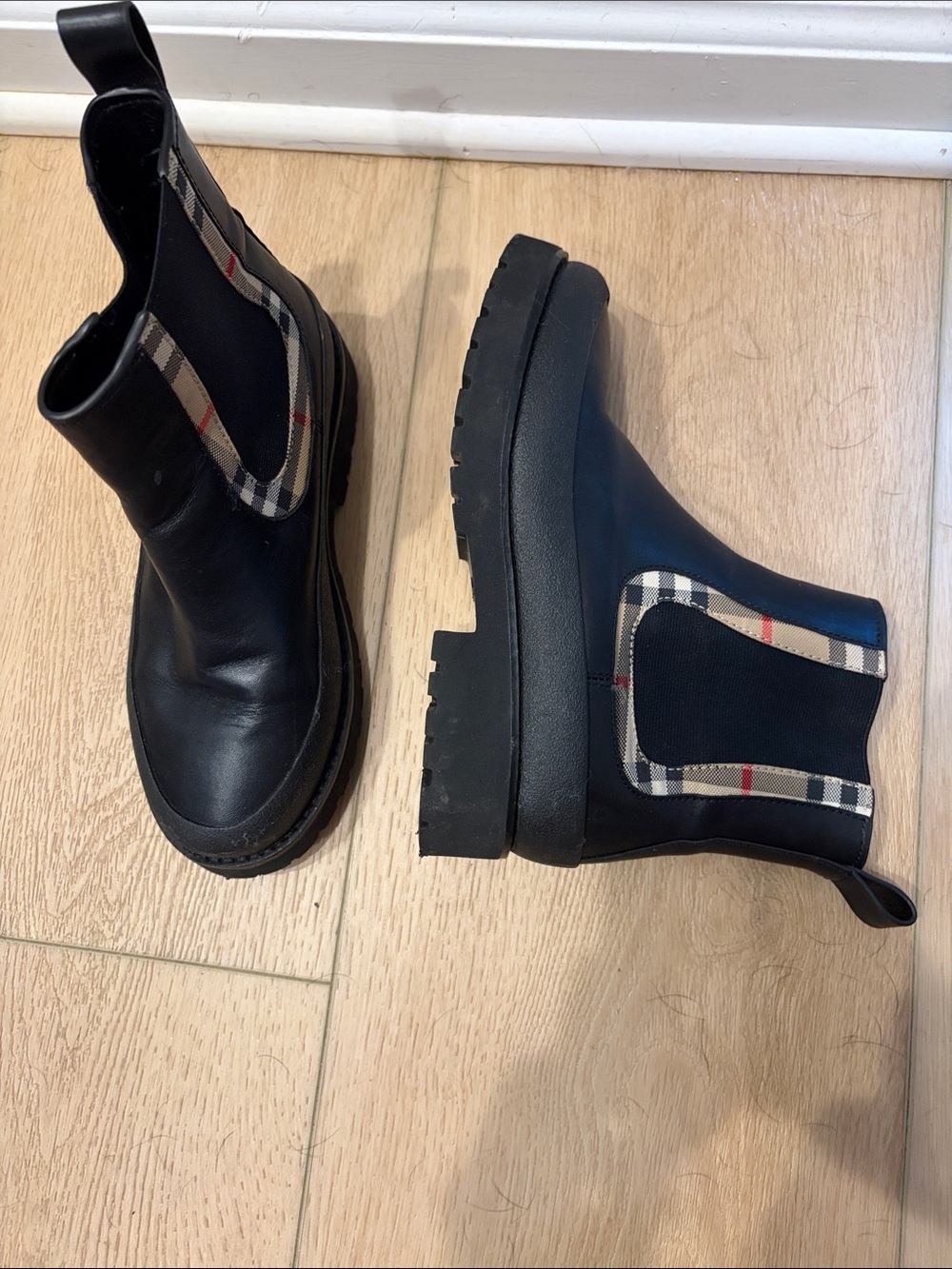 Kids Black Chelsea Boots with Plaid Trim